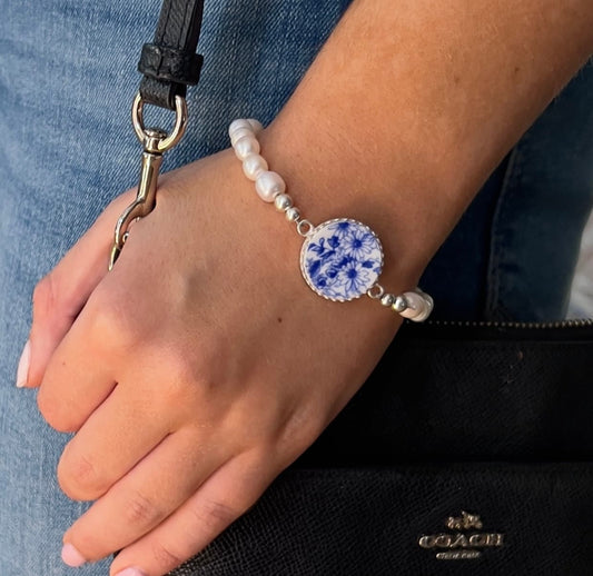 18th Anniversary Porcelain Gift for Wife, Shelley Dainty Blue Jewelry, Pearl Bracelet, Broken China Jewelry