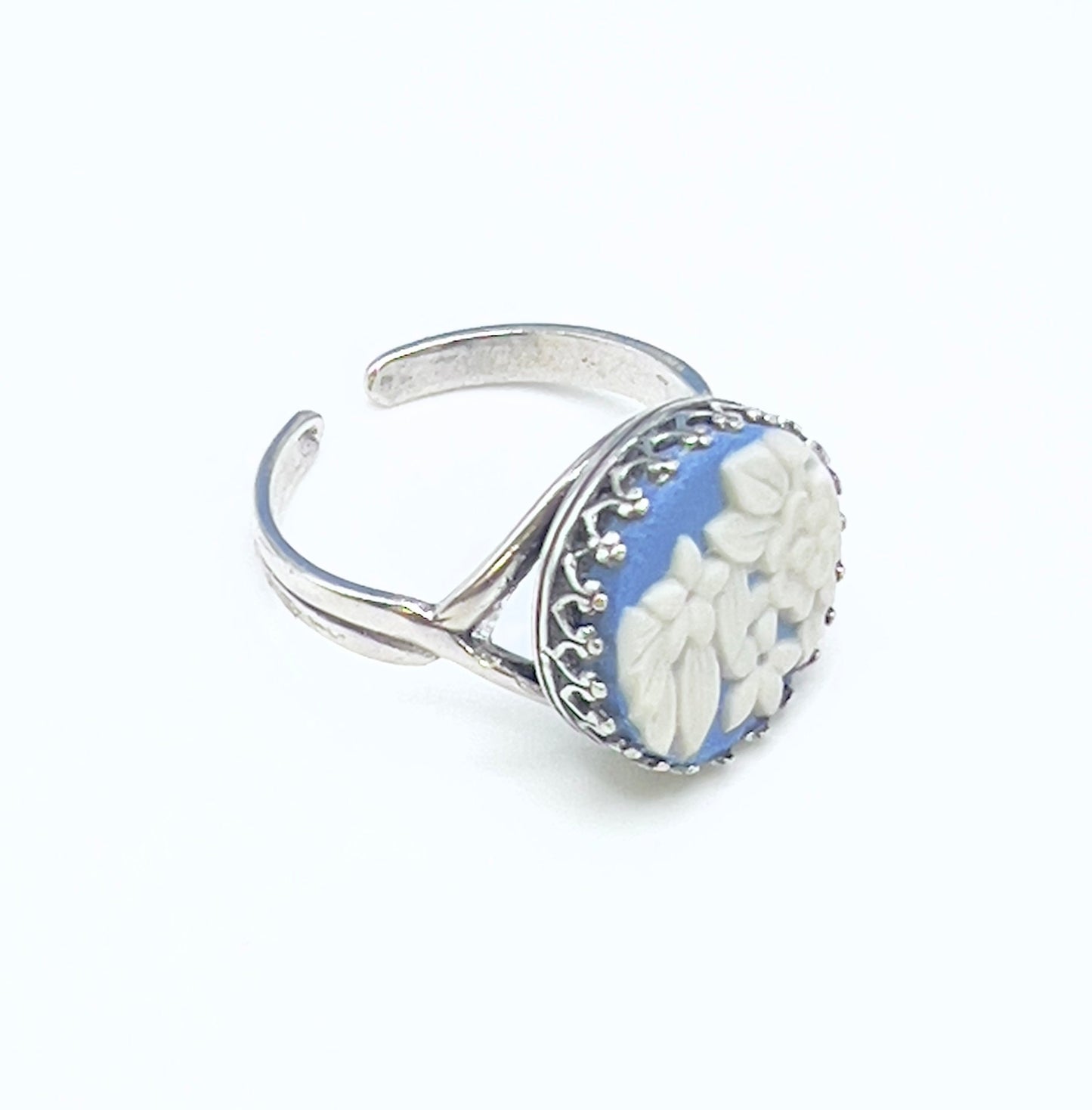 Wedgwood Flower Ring, Blue Jasperware Broken China Jewelry, Adjustable Sterling Silver Ring, Unique Gifts for Women