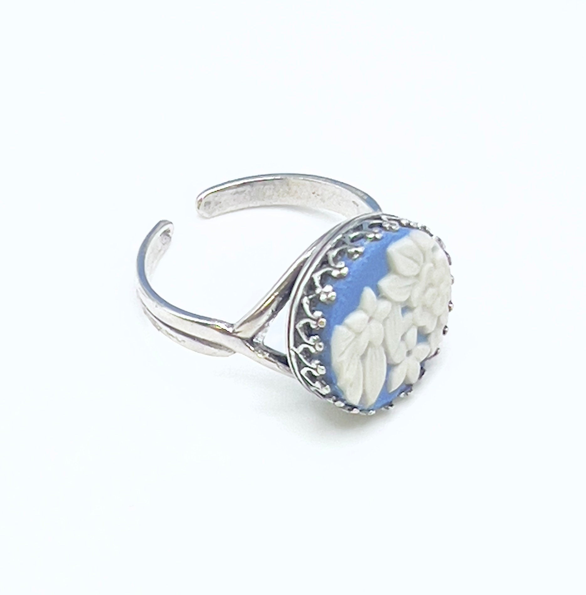 Wedgwood Flower Ring, Blue Jasperware Broken China Jewelry, Adjustable Sterling Silver Ring, Unique Gifts for Women