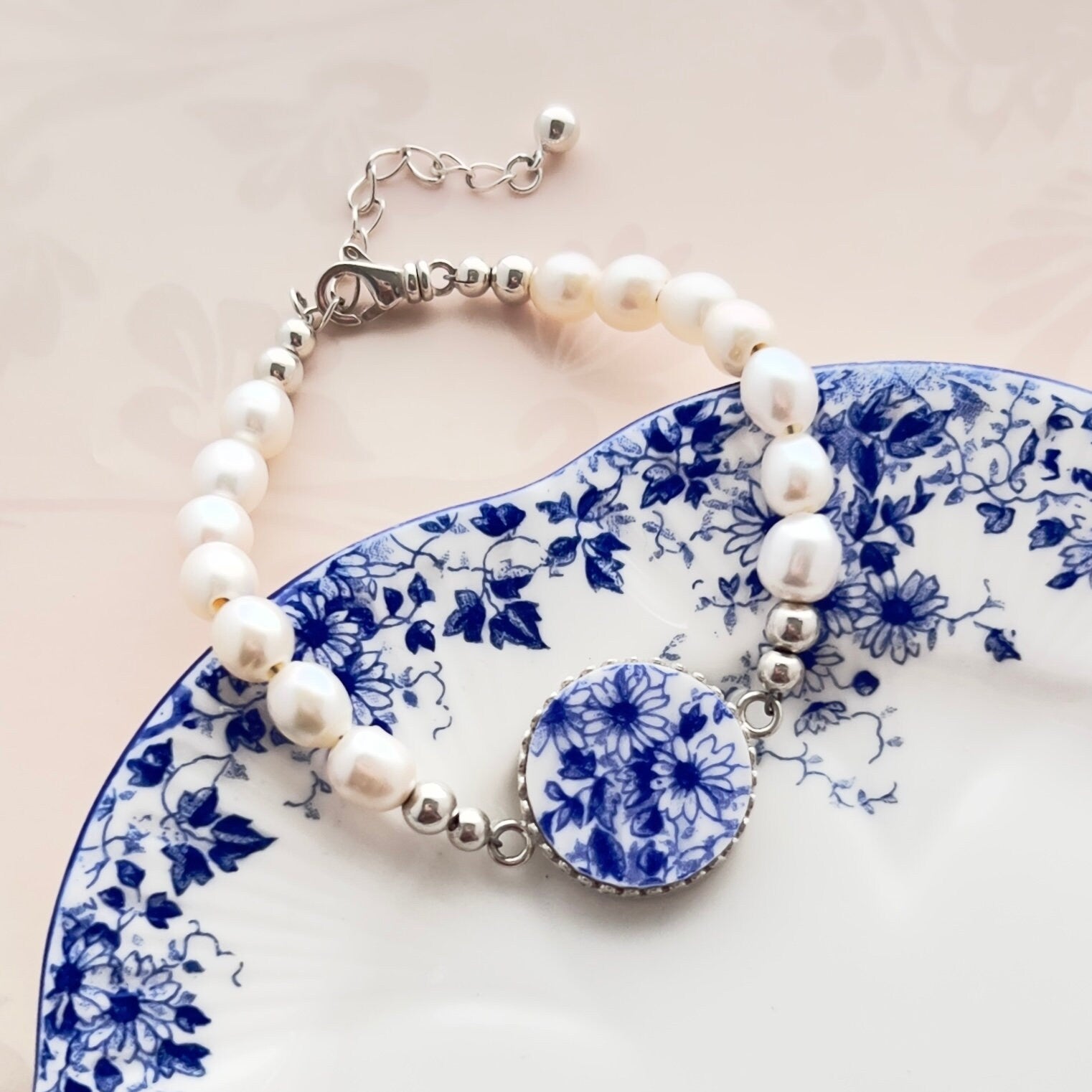 18th Anniversary Porcelain Gift for Wife, Shelley Dainty Blue Jewelry, Pearl Bracelet, Broken China Jewelry