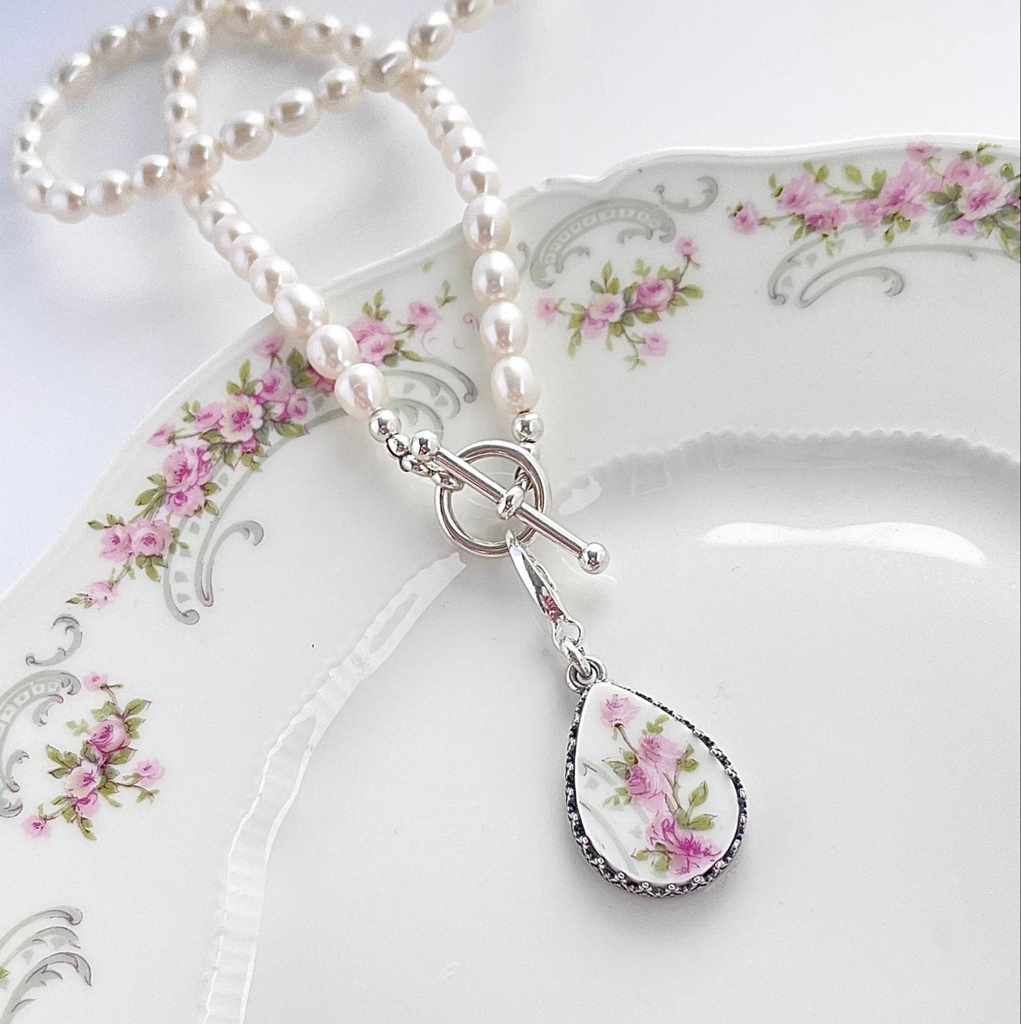 CUSTOM ORDER Pearl Toggle Broken China Jewelry Necklace, Unique 20th Anniversary Gift for Wife, Sterling Silver Jewelry, Custom Made
