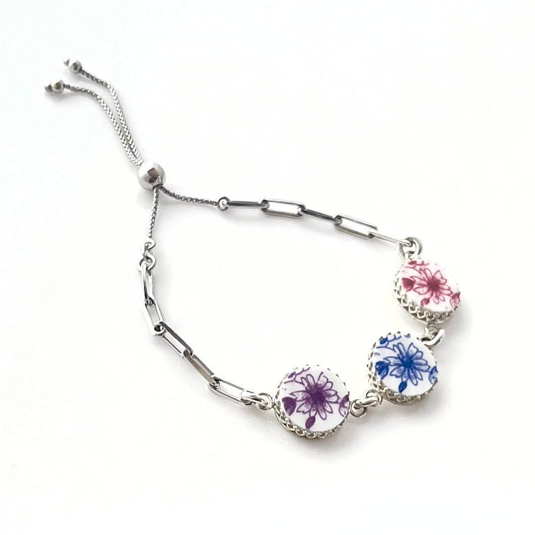 Unique 20th Anniversary Gifts, Vintage Shelley China Bracelet, Adjustable Sterling Silver Dainty Blue Broken China Jewelry, Gifts for Wife