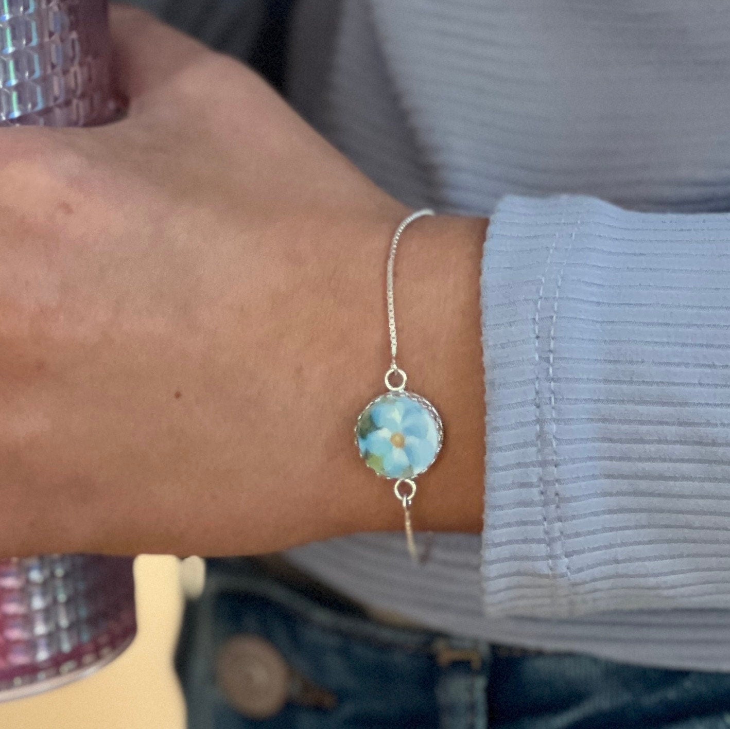 Dainty Forget Me Not Adjustable Bolo Bracelet, Broken China Jewelry, Sterling Silver