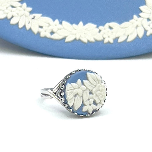 Wedgwood Flower Ring, Blue Jasperware Broken China Jewelry, Adjustable Sterling Silver Ring, Unique Gifts for Women