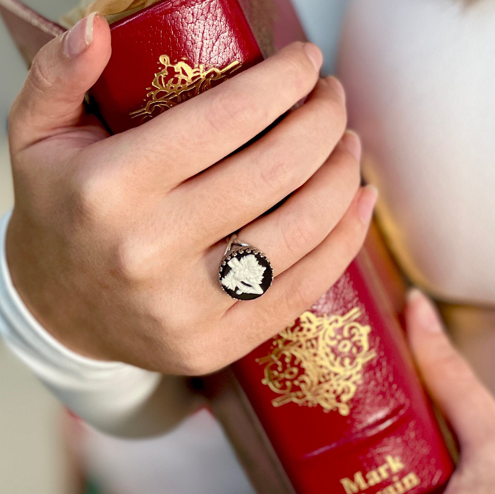 Wedgwood Black Jasperware Ring, Sterling Silver Adjustable Ring