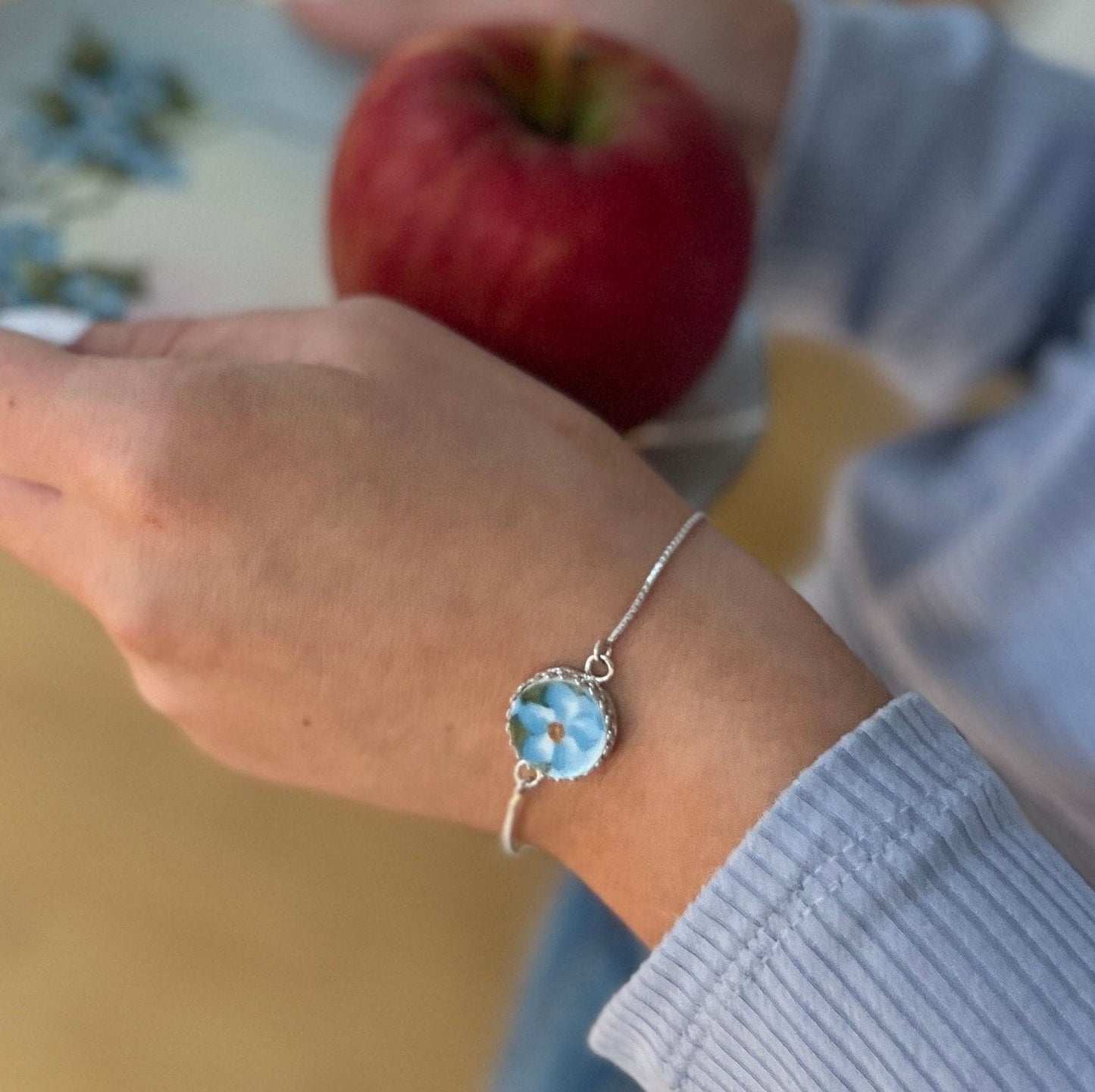 Dainty Forget Me Not Adjustable Bolo Bracelet, Broken China Jewelry, Sterling Silver