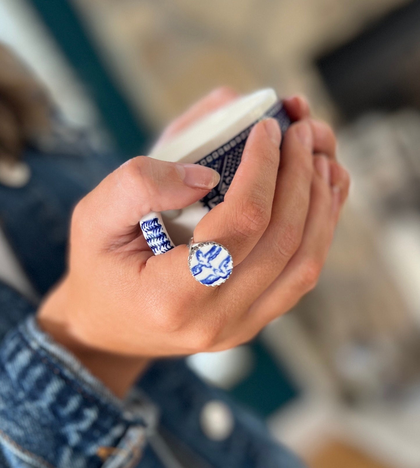 Sterling Silver Blue Willow Broken China Jewelry Ring, Unique Anniversary Gift for Women, Love Birds Jewelry