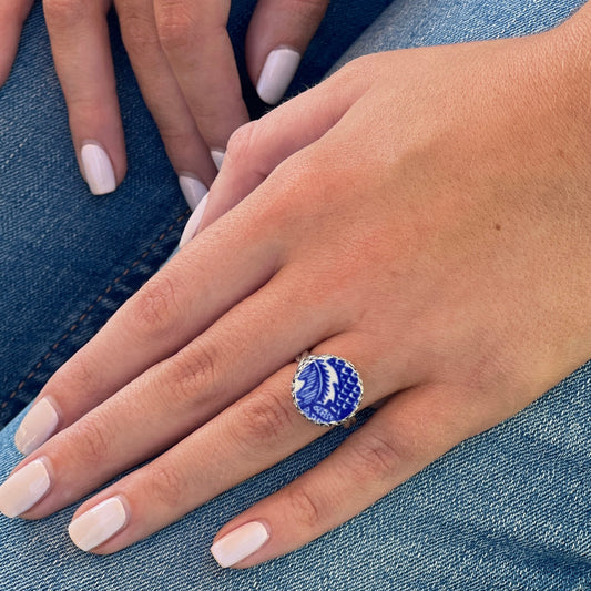 Blue Willow Broken China Jewelry Ring, Sterling Silver Adjustable Ring for Women, Vintage China Jewelry Gift