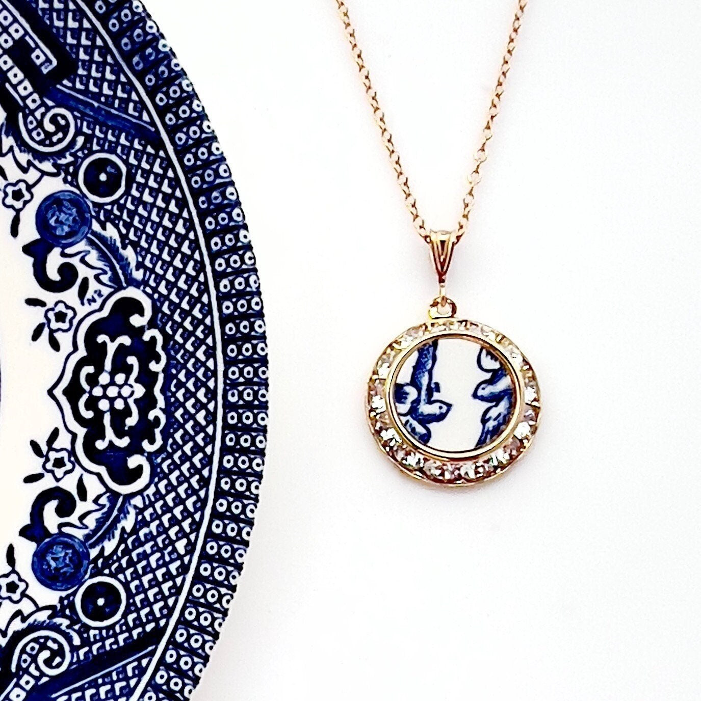 Blue Willow Love Birds, Gold Crystal Necklace, Broken China Jewelry Anniversary Gifts for Her