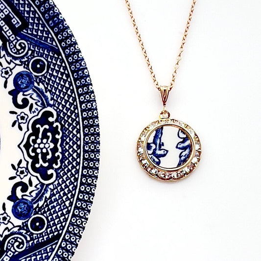 Blue Willow Love Birds, Gold Crystal Necklace, Broken China Jewelry Anniversary Gifts for Her