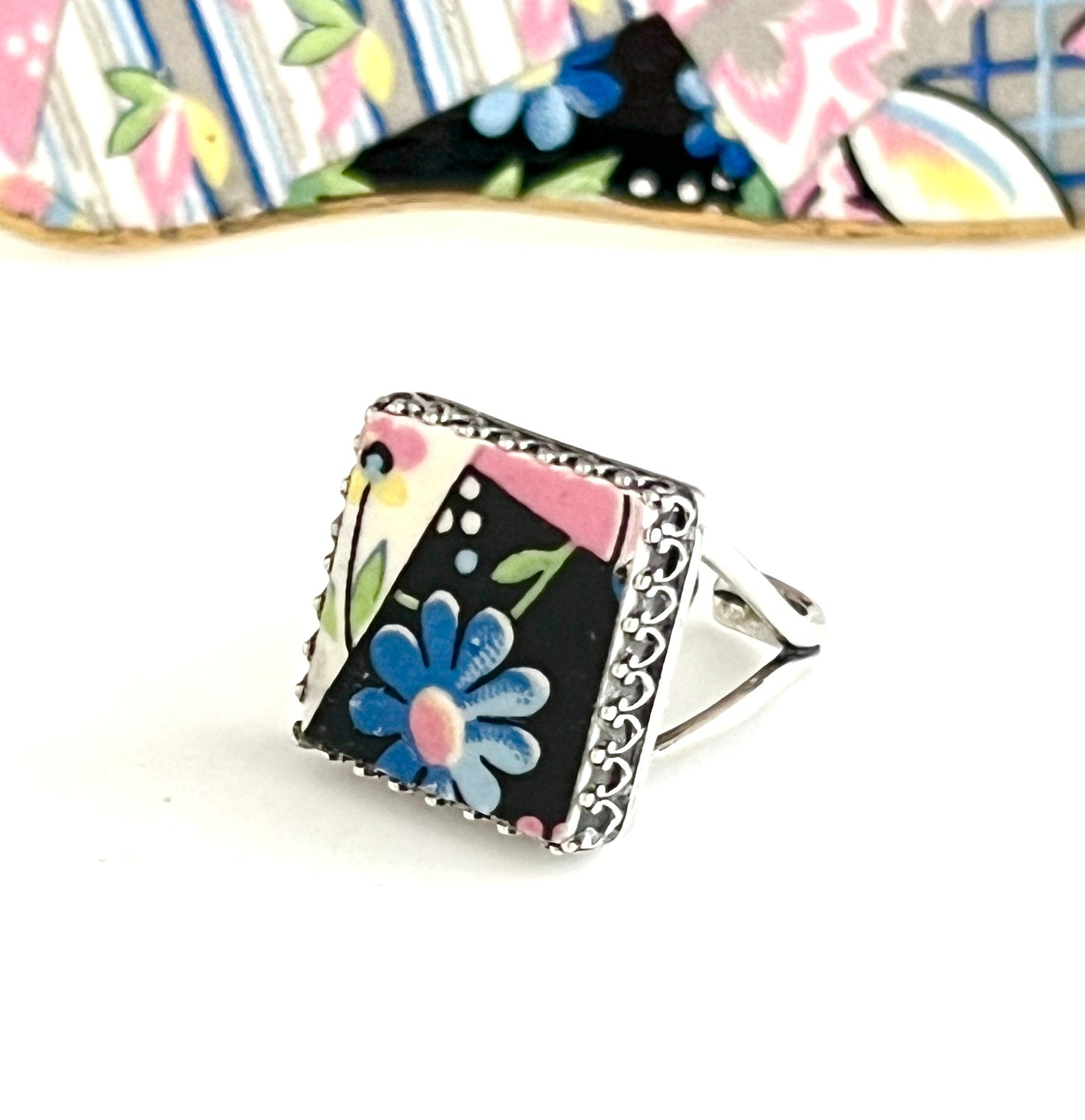 Boho Flower Ring, Vintage China Ring, Broken China Jewelry Gift for Quilter, Sterling Silver Square Adjustable Rings For Women