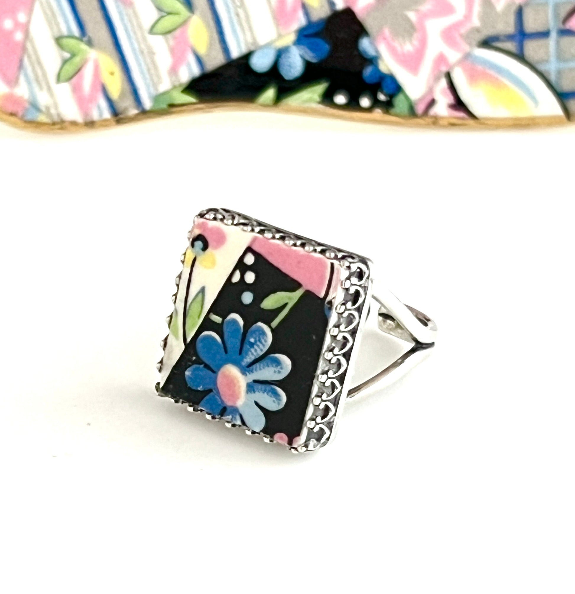 Boho Flower Ring, Vintage China Ring, Broken China Jewelry Gift for Quilter, Sterling Silver Square Adjustable Rings For Women