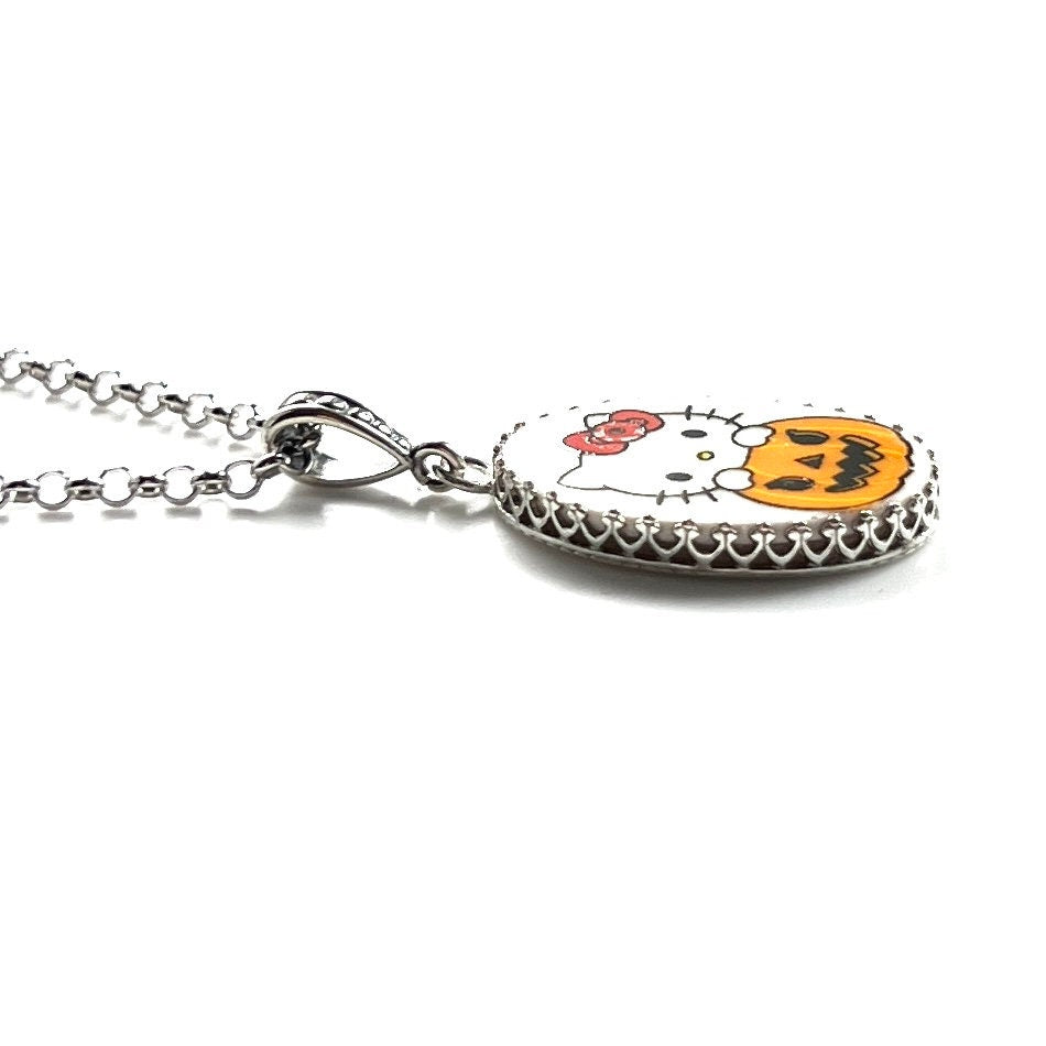 Hello Kitty Halloween Necklace, Broken China Halloween Jewelry, Pumpkin Necklace, Cat Jewelry