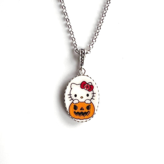 Hello Kitty Halloween Necklace, Broken China Halloween Jewelry, Pumpkin Necklace, Cat Jewelry