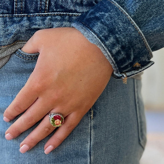 Old Country Roses Adjustable Silver Rose Ring