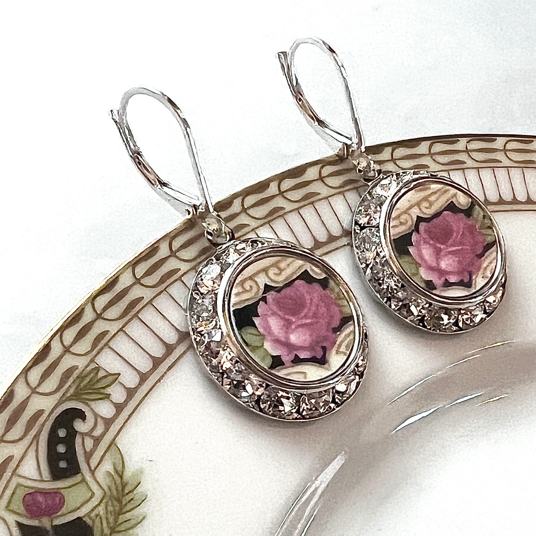 One of a Kind, Broken China Jewelry Crystal Earrings, Statement Flower Earrings for Women, Unique Gifts for Her