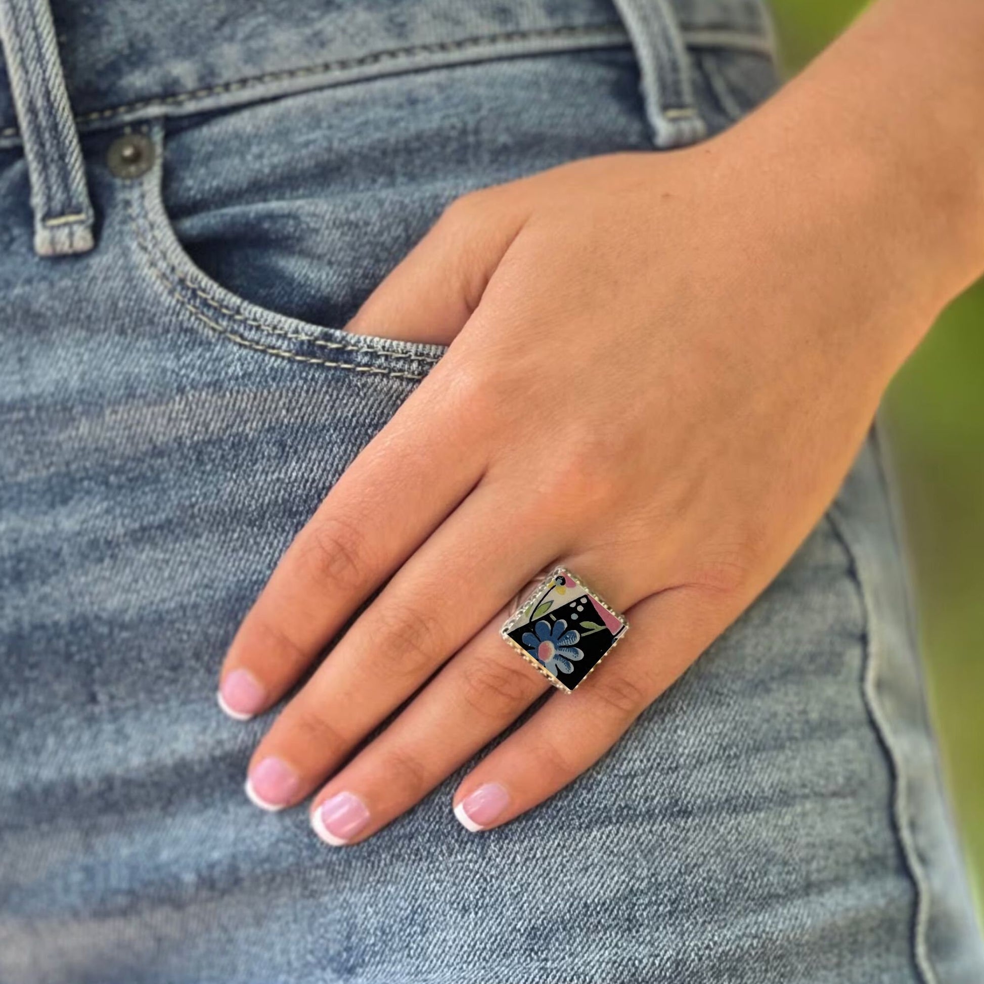 Boho Flower Ring, Vintage China Ring, Broken China Jewelry Gift for Quilter, Sterling Silver Square Adjustable Rings For Women