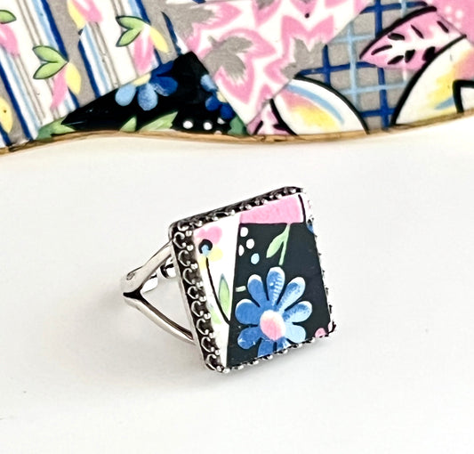 Boho Flower Ring, Vintage China Ring, Broken China Jewelry Gift for Quilter, Sterling Silver Square Adjustable Rings For Women