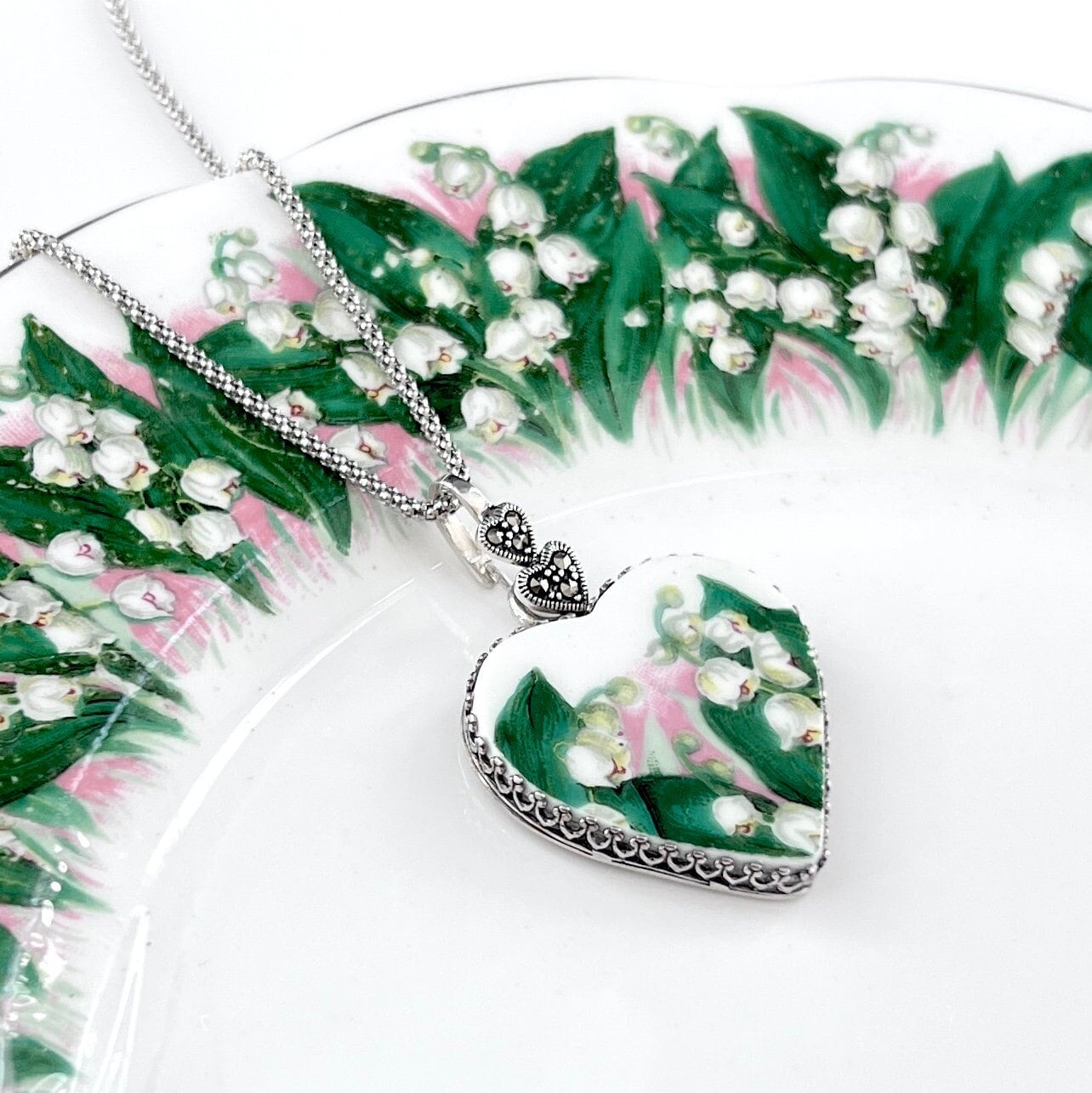 Victorian Heart Necklace, Lily of the Valley Broken China Jewelry, 20th Anniversary Gift for Wife, Marcasite