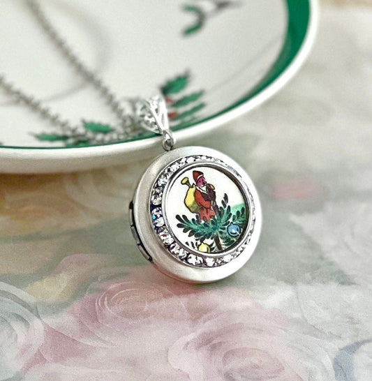 Spode Christmas Tree China Photo Locket Necklace, Unique Gifts for Women, Broken China Jewelry