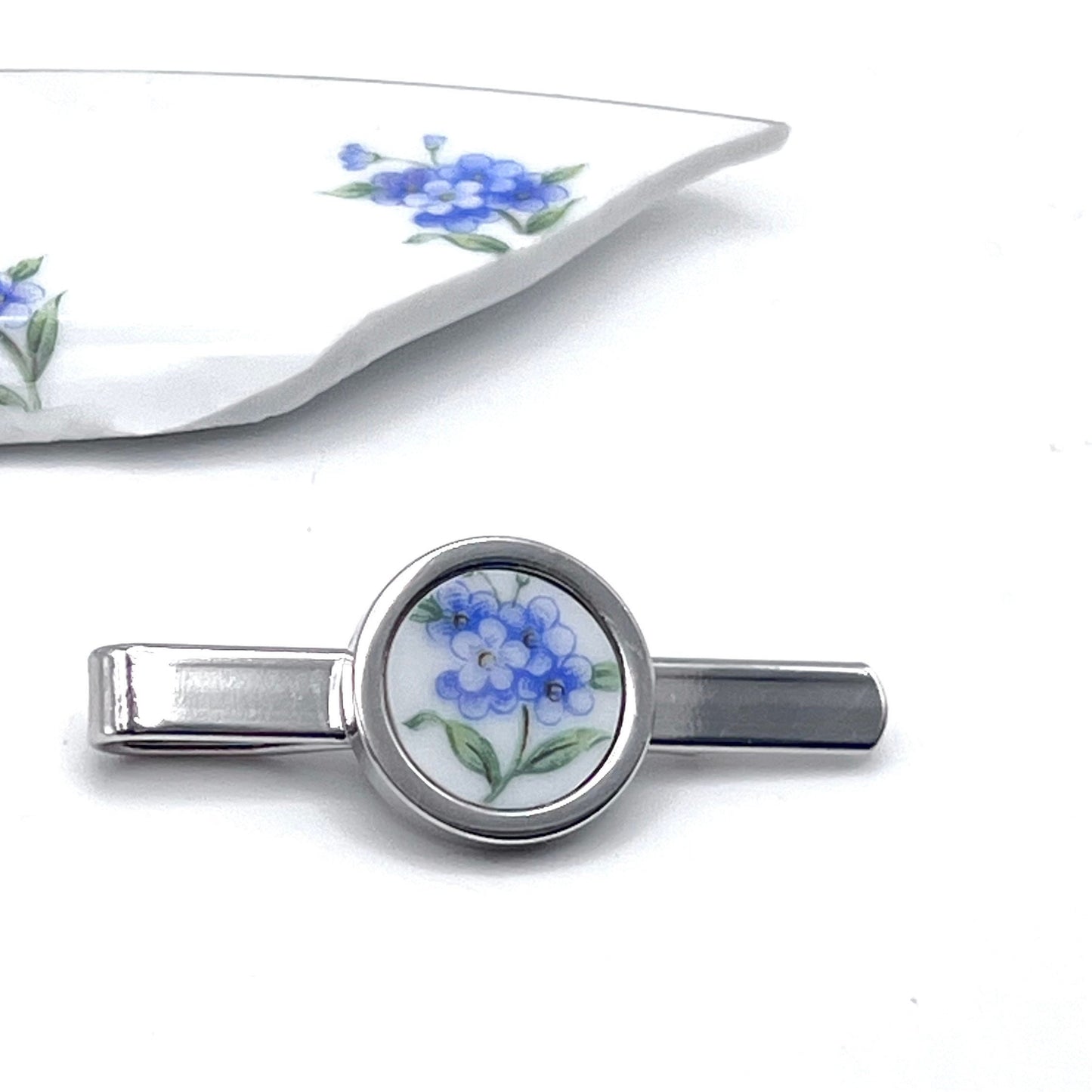 Forget Me Not Tie Clip Anniversary Gift for Husband, Broken China Jewelry Tie Bar, 20th Anniversary Gifts