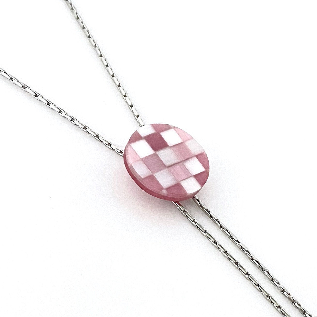 Pink Mother of Pearl Bolo Necklace, Checkered Shell, Silver Tone Chain, Adjustable Length
