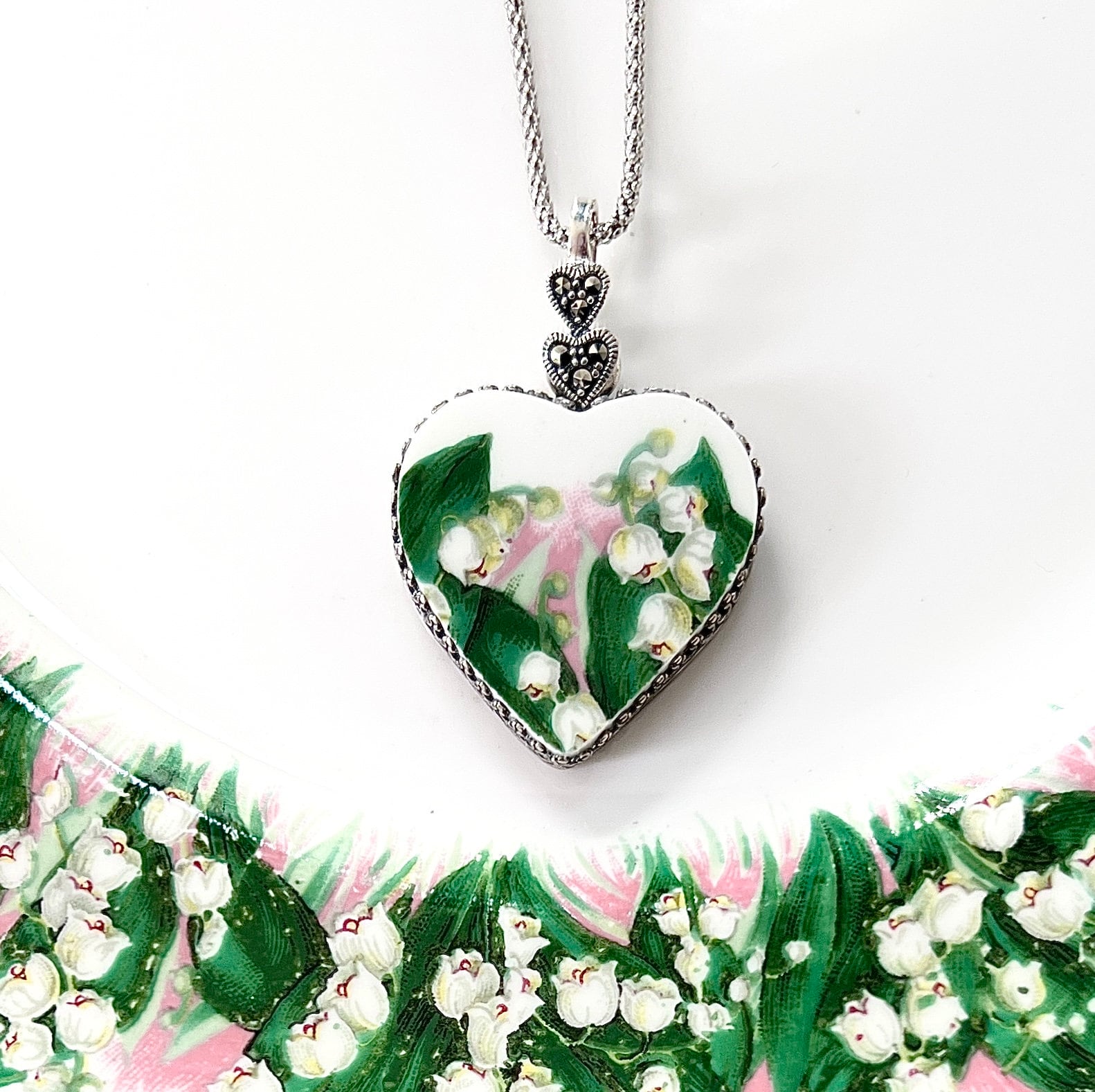 Victorian Heart Necklace, Lily of the Valley Broken China Jewelry, 20th Anniversary Gift for Wife, Marcasite