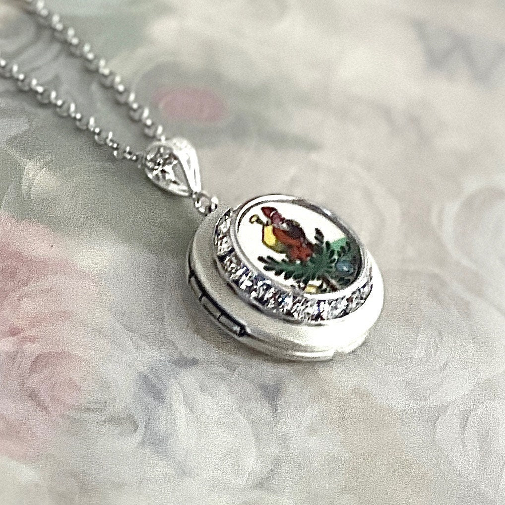 Santa Claus Photo Locket Necklace, Unique Christmas Gifts for Women, Broken China Jewelry, Spode