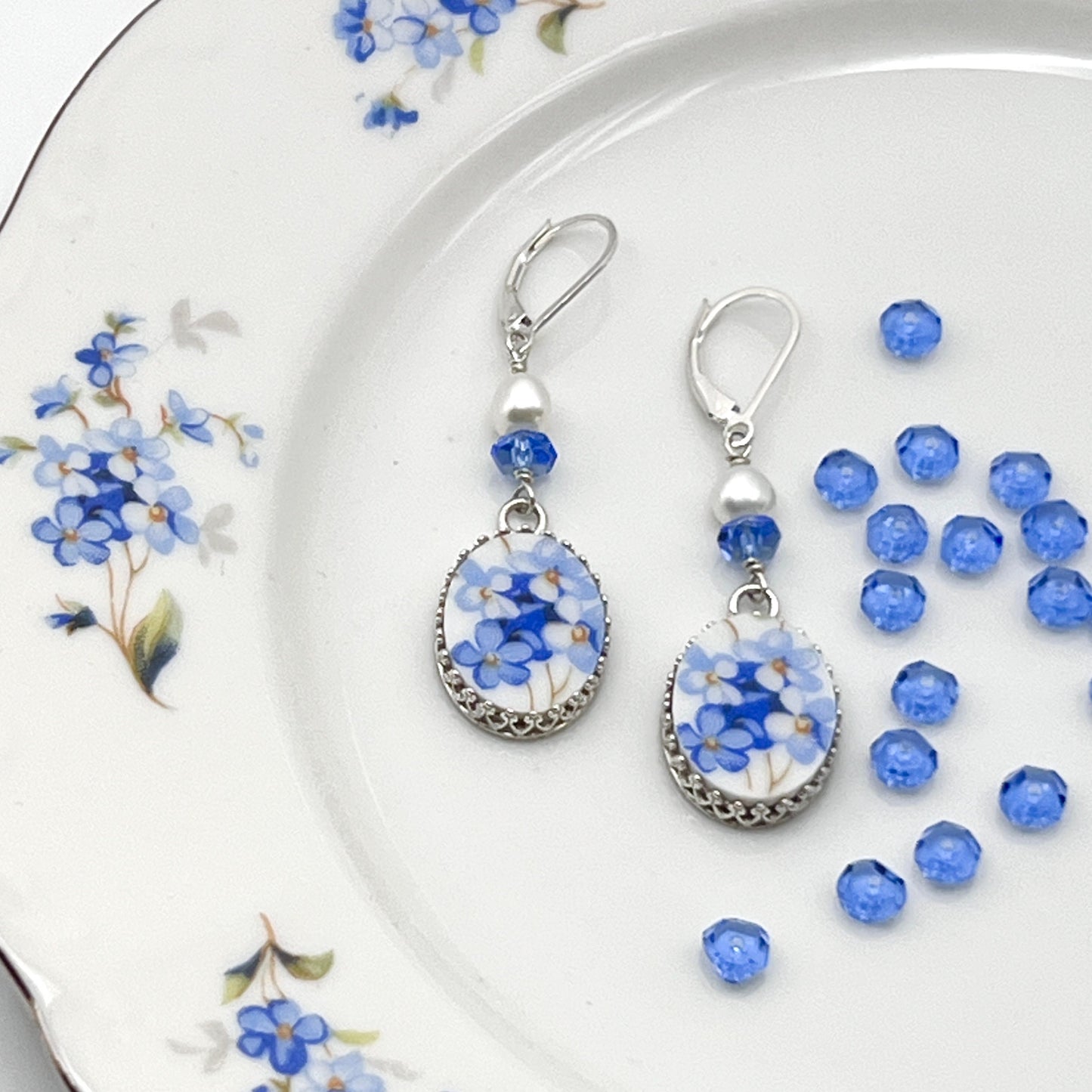 Forget Me Not Sapphire and Pearl Earrings, Broken China Jewelry, 18th & 20th Romantic Anniversary Gifts for Wife