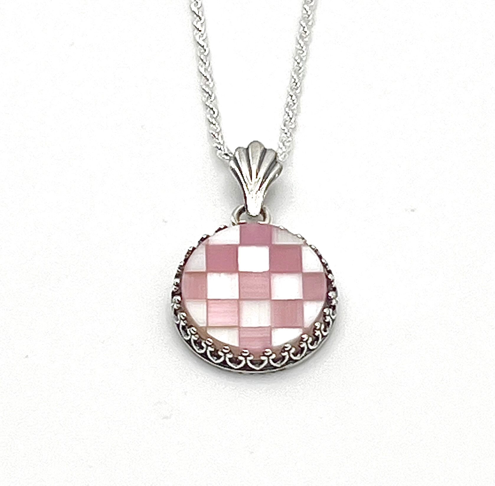 Vintage Pink Mother of Pearl Checkered Necklace