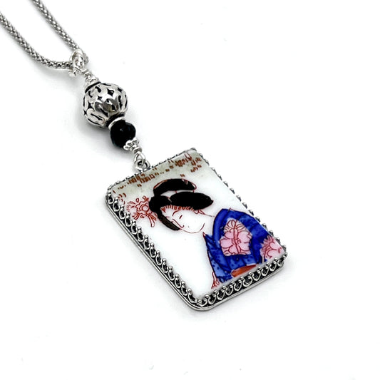 One-of-a-Kind Vintage Hand Painted Geisha Girl Porcelain Necklace, Unique 18th Anniversary Gift for Wife