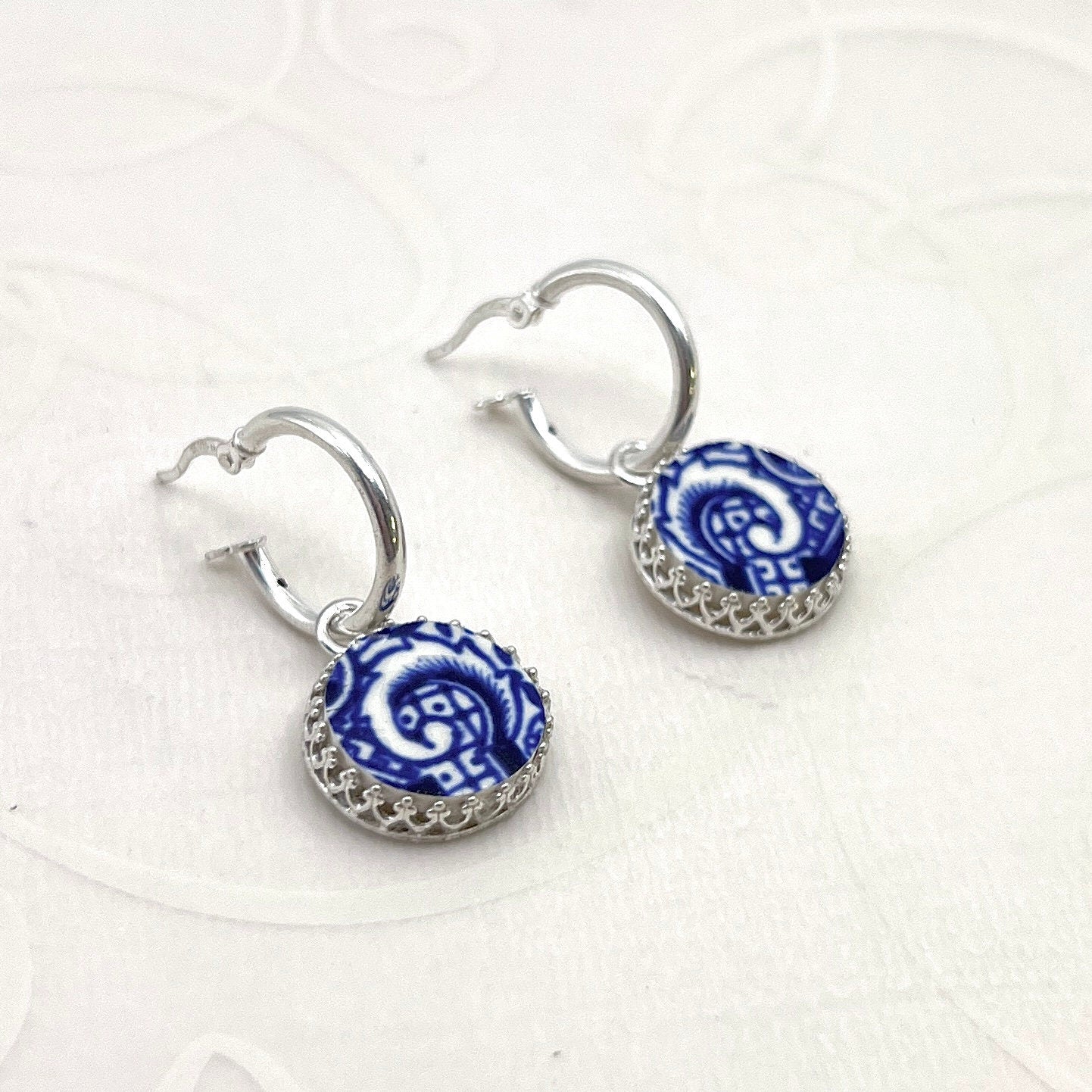 Dainty Blue Willow Hoop Earrings, Unique Broken China Jewelry Anniversary Gifts for Her