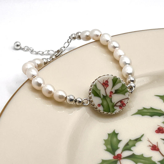 Freshwater Pearl Christmas Bracelet, Lenox Holiday Broken China Jewelry, Unique Gifts for Women