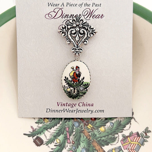 Victorian Pin, Santa Broken China Jewelry, Sterling Silver, Spode Christmas Tree