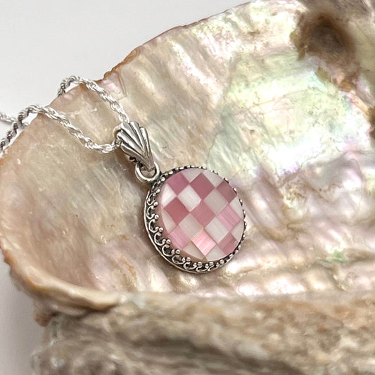 Vintage Pink Mother of Pearl Necklace, Pink Shell Jewelry, Sterling Silver Pendant, Shimmering Checker Necklace, Unique Gifts for Women