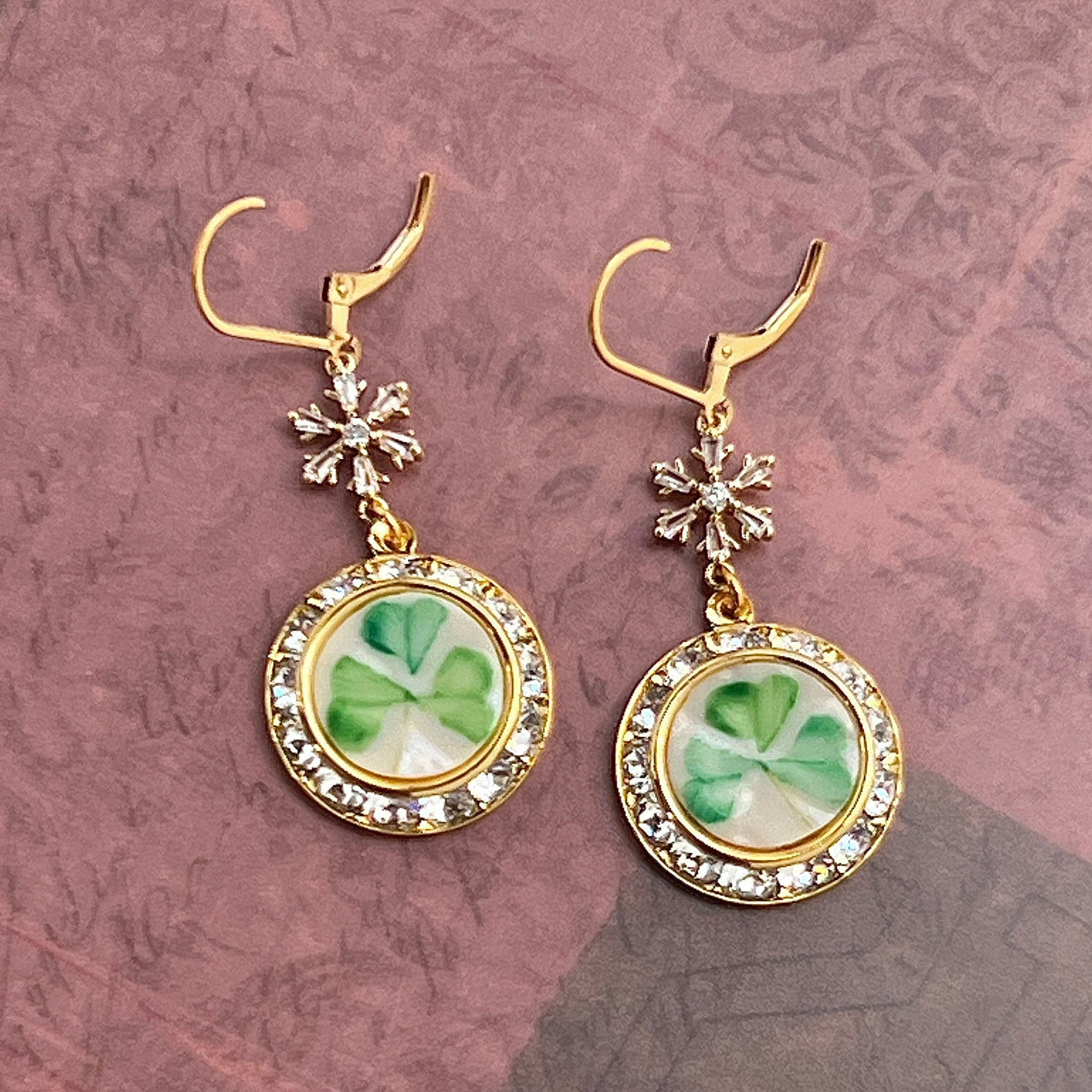 Celtic Christmas Earrings, Gold Crystal Dangle Earrings, Irish Belleek Broken China Jewelry, Unique Handmade Gift
