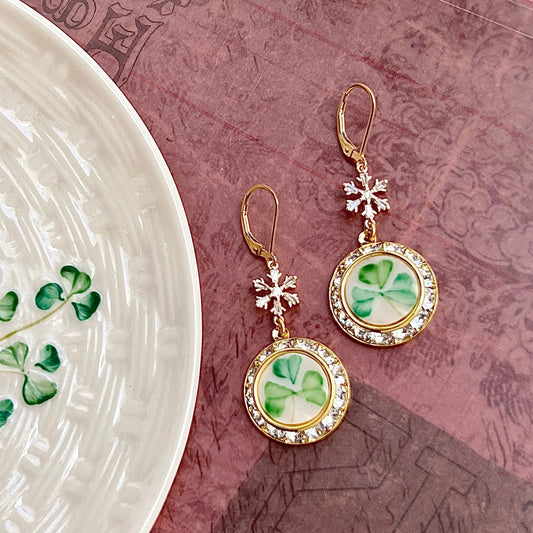 Celtic Christmas Earrings, Gold Crystal Dangle Earrings, Irish Belleek Broken China Jewelry, Unique Handmade Gift