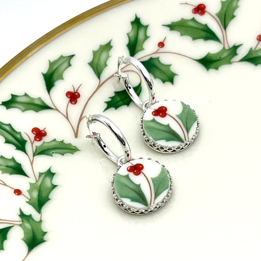 Lenox Holiday Broken China Jewelry, Sterling Silver Hoop Earrings, Unique Christmas Jewelry