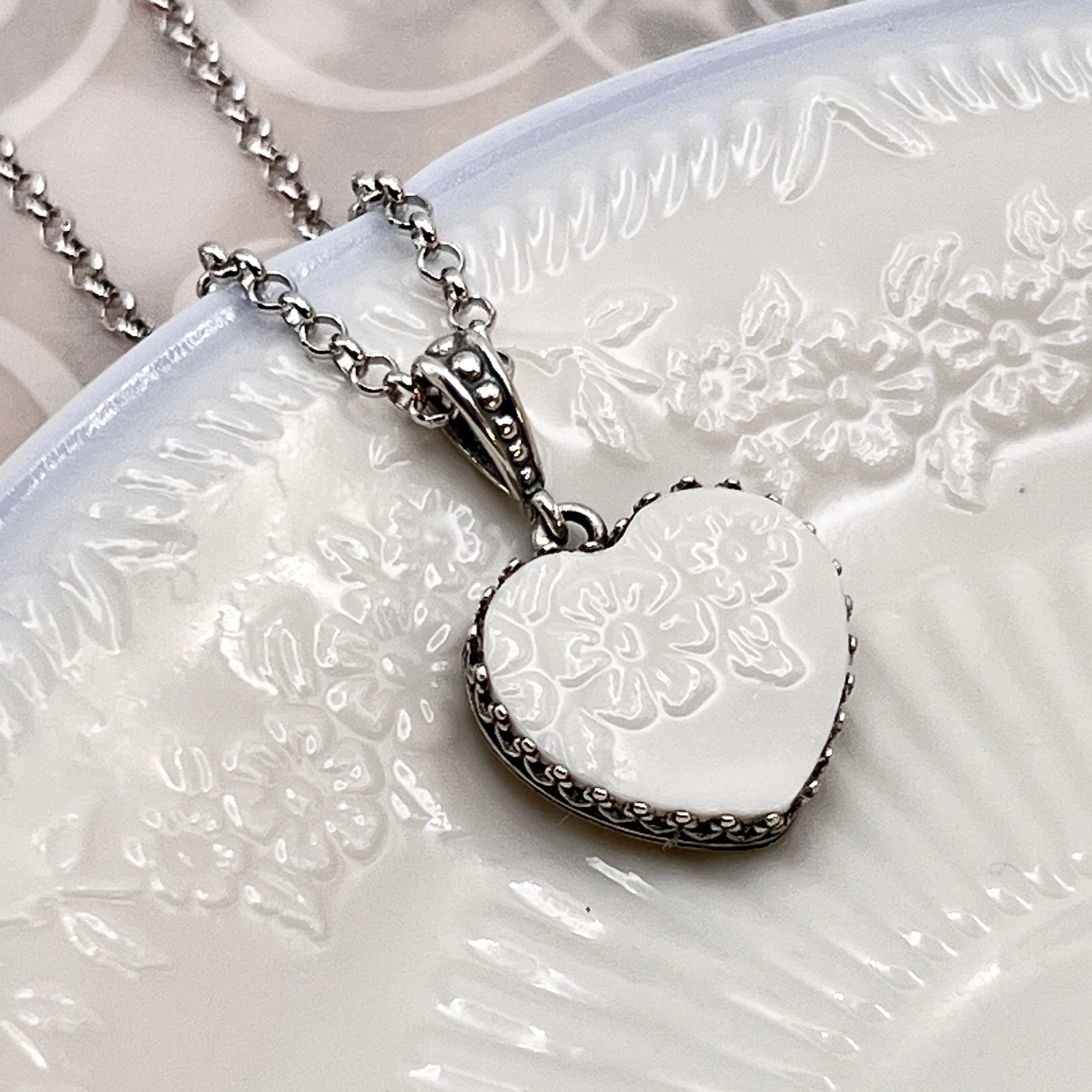 Milk Glass Heart Necklace, Depression Glass, Fire King Jewelry, Unique Romantic Gifts for Women