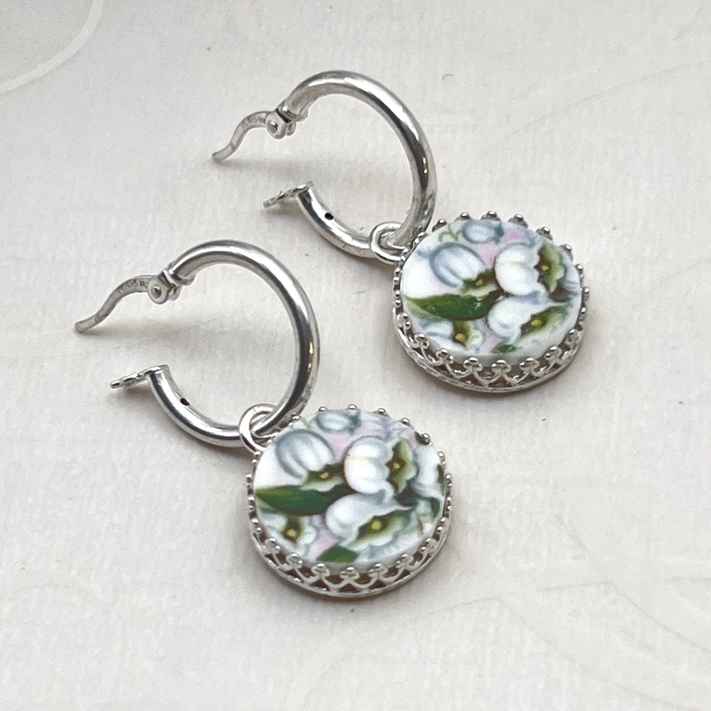 Dainty Lily of the Valley Hoop Earrings, Unique Broken China Jewelry Anniversary Gifts for Her