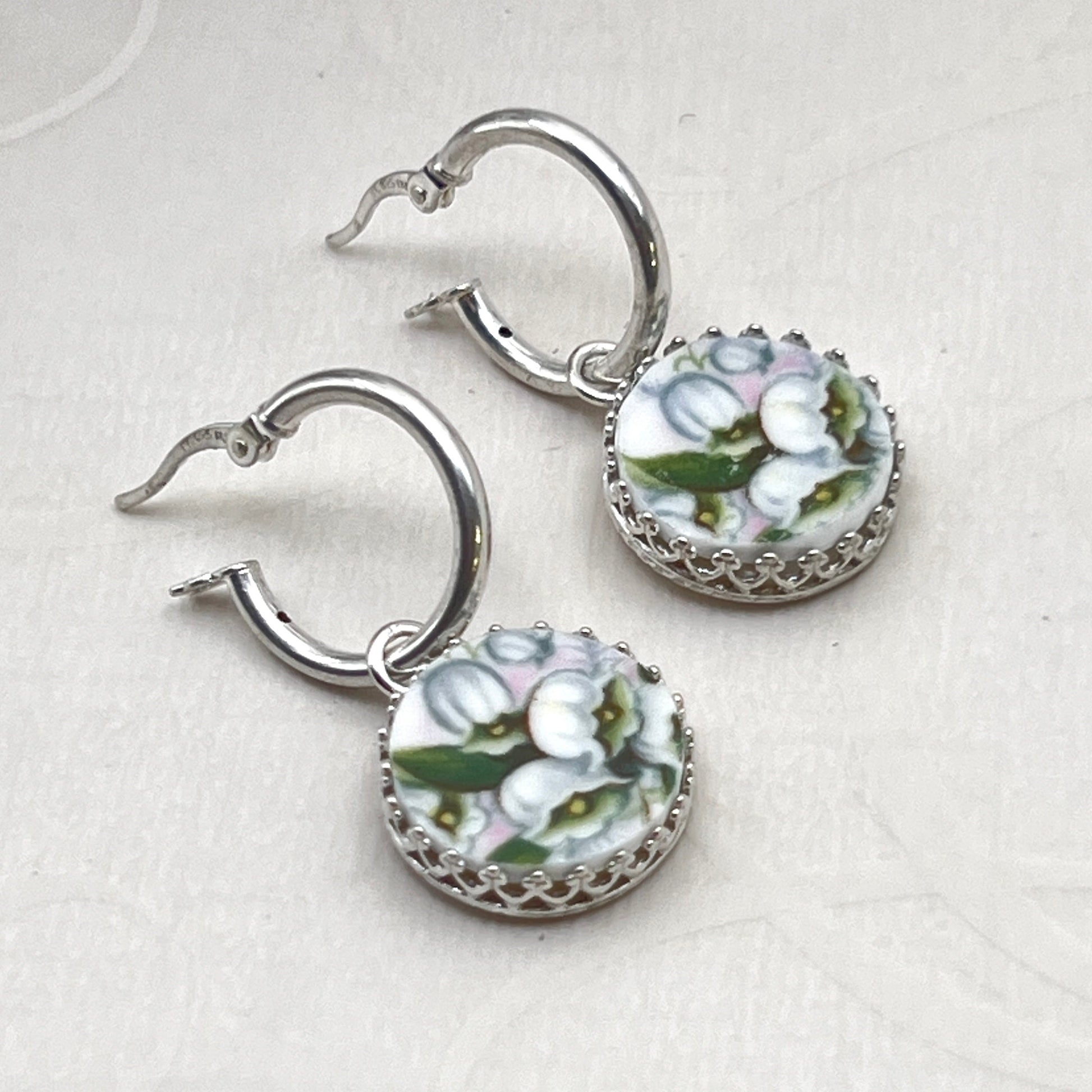 Dainty Lily of the Valley Hoop Earrings, Unique Broken China Jewelry Anniversary Gifts for Her