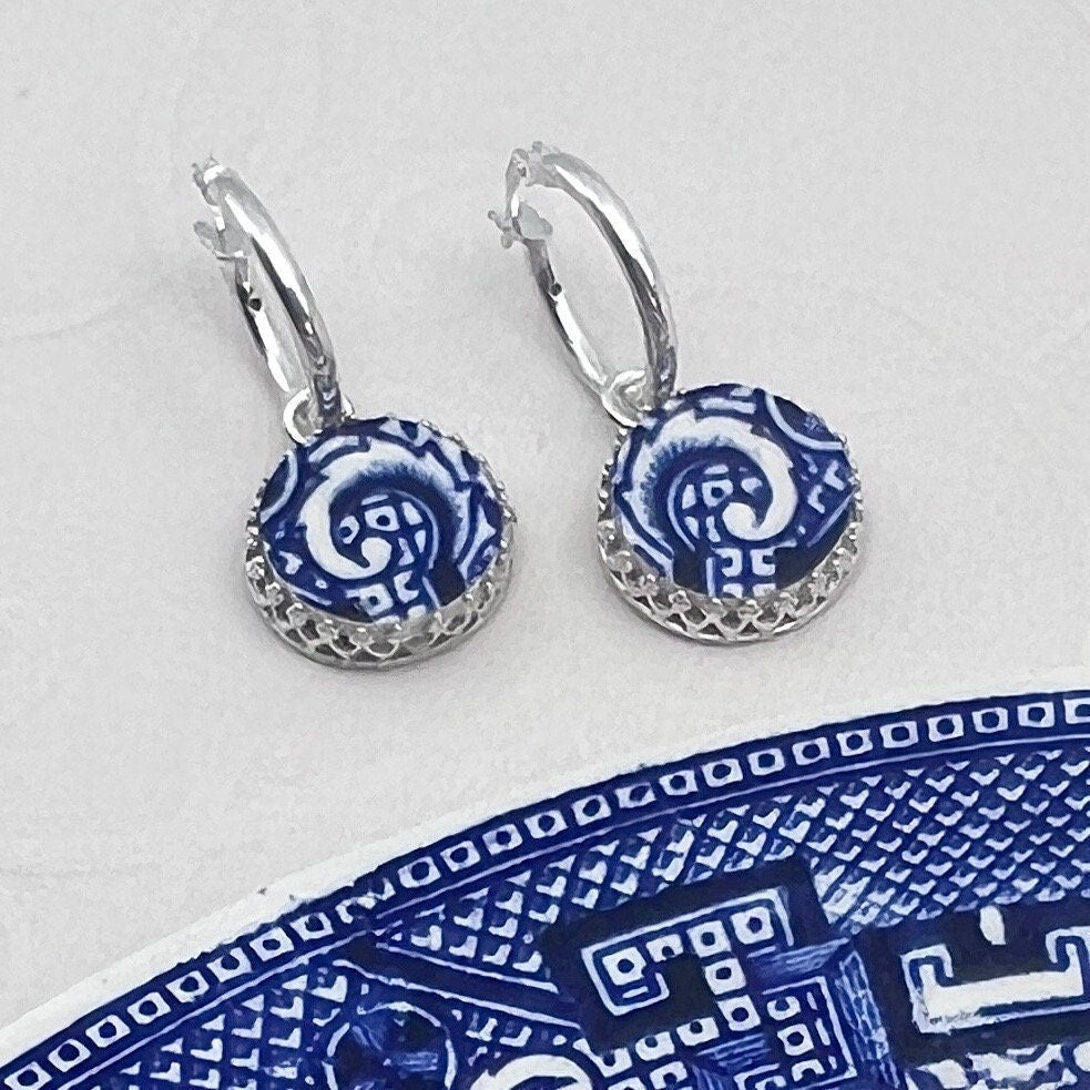 Dainty Blue Willow Hoop Earrings, Unique Broken China Jewelry Anniversary Gifts for Her