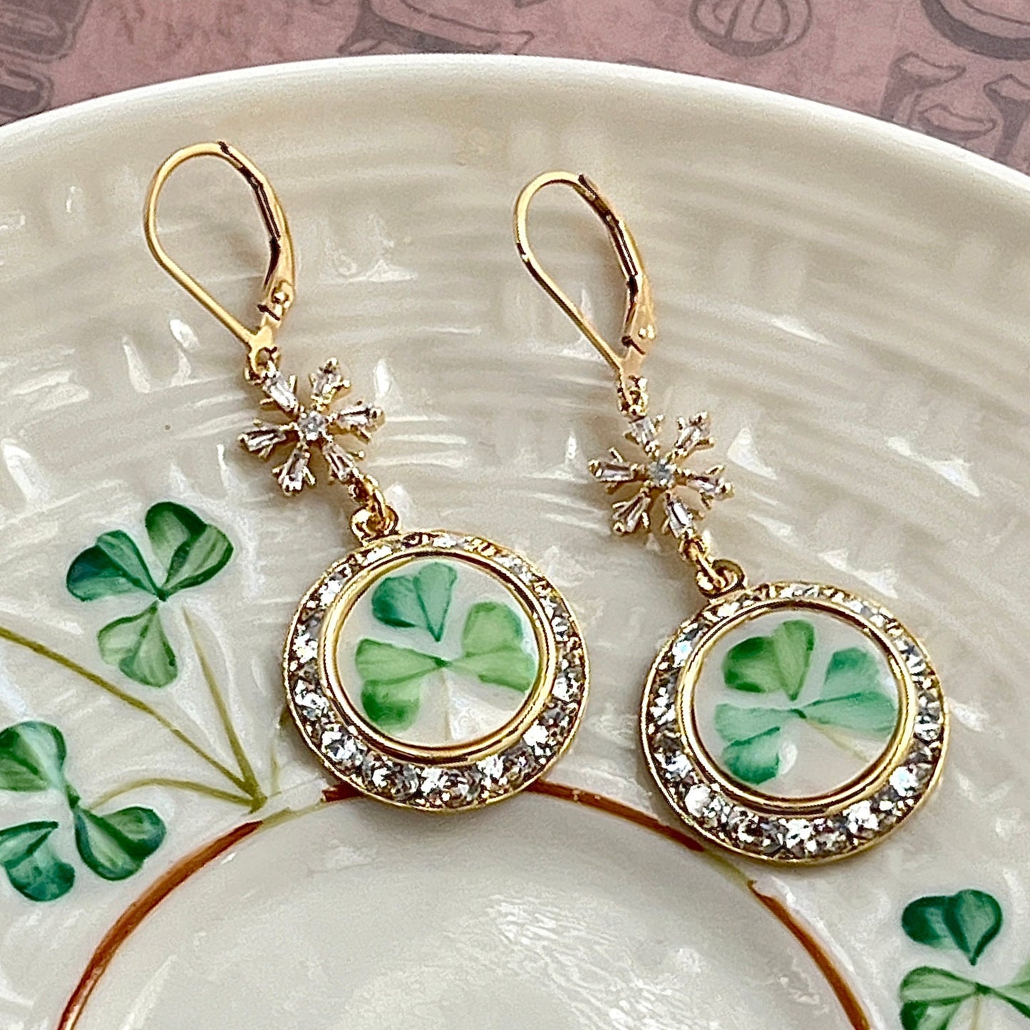 Celtic Christmas Earrings, Gold Crystal Dangle Earrings, Irish Belleek Broken China Jewelry, Unique Handmade Gift