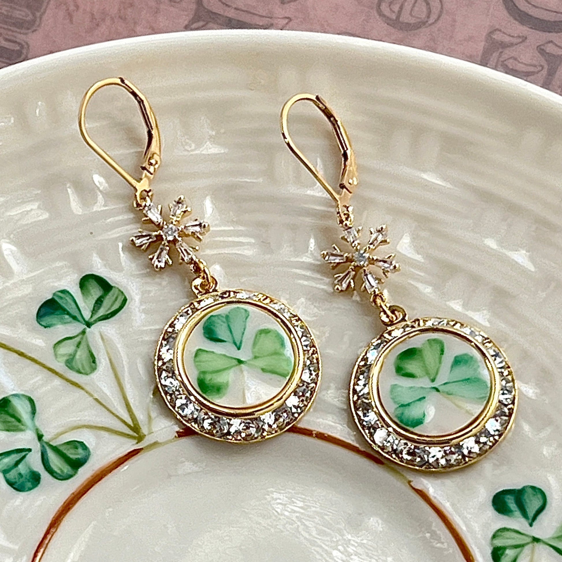 Celtic Christmas Earrings, Gold Crystal Dangle Earrings, Irish Belleek Broken China Jewelry, Unique Handmade Gift