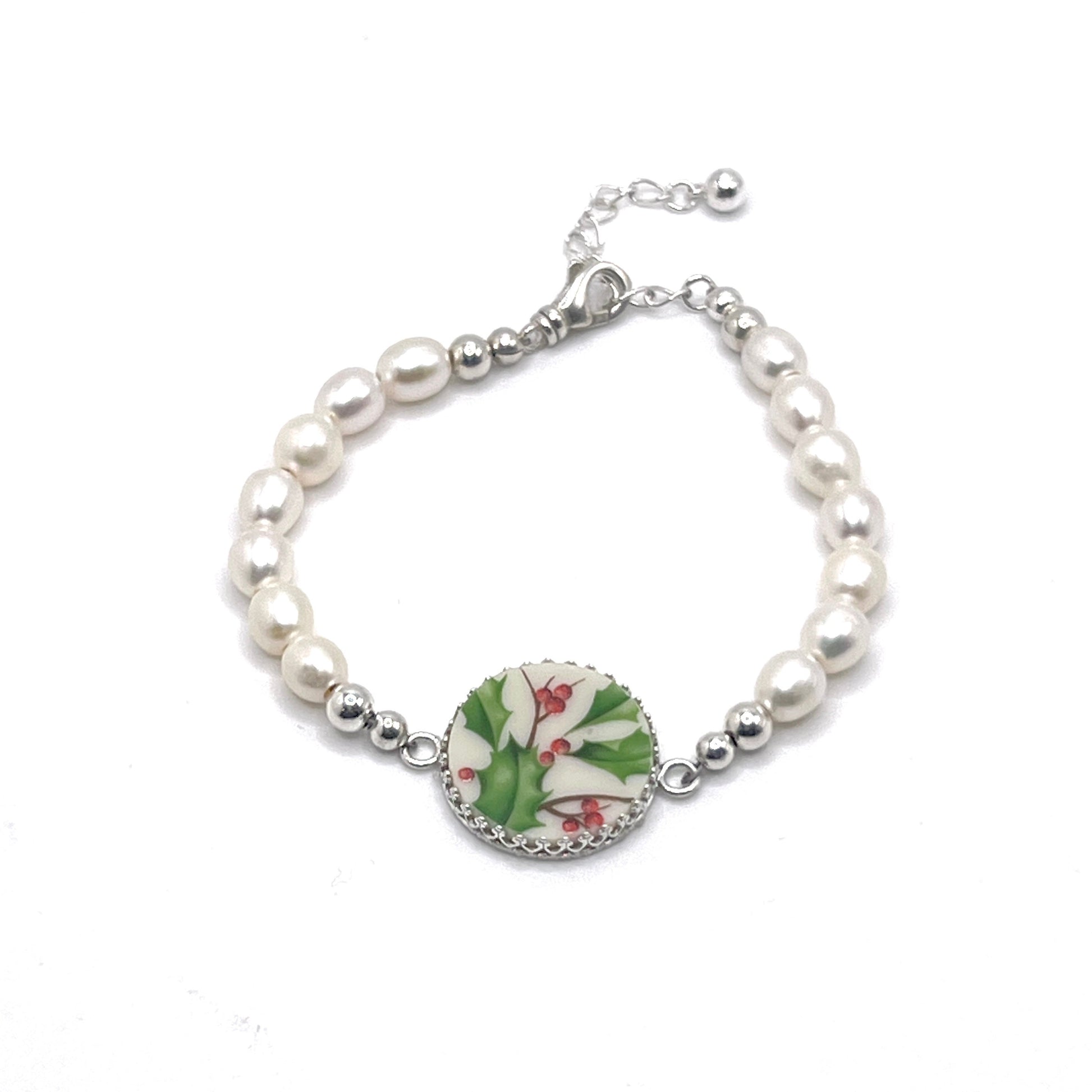 Freshwater Pearl Christmas Bracelet, Lenox Holiday Broken China Jewelry, Unique Gifts for Women