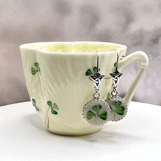Celtic Knot Earrings, Irish Belleek Broken China Jewelry, Sterling Silver Earrings, Unique 20th Anniversary Gift for Wife, Shamrock, Clover