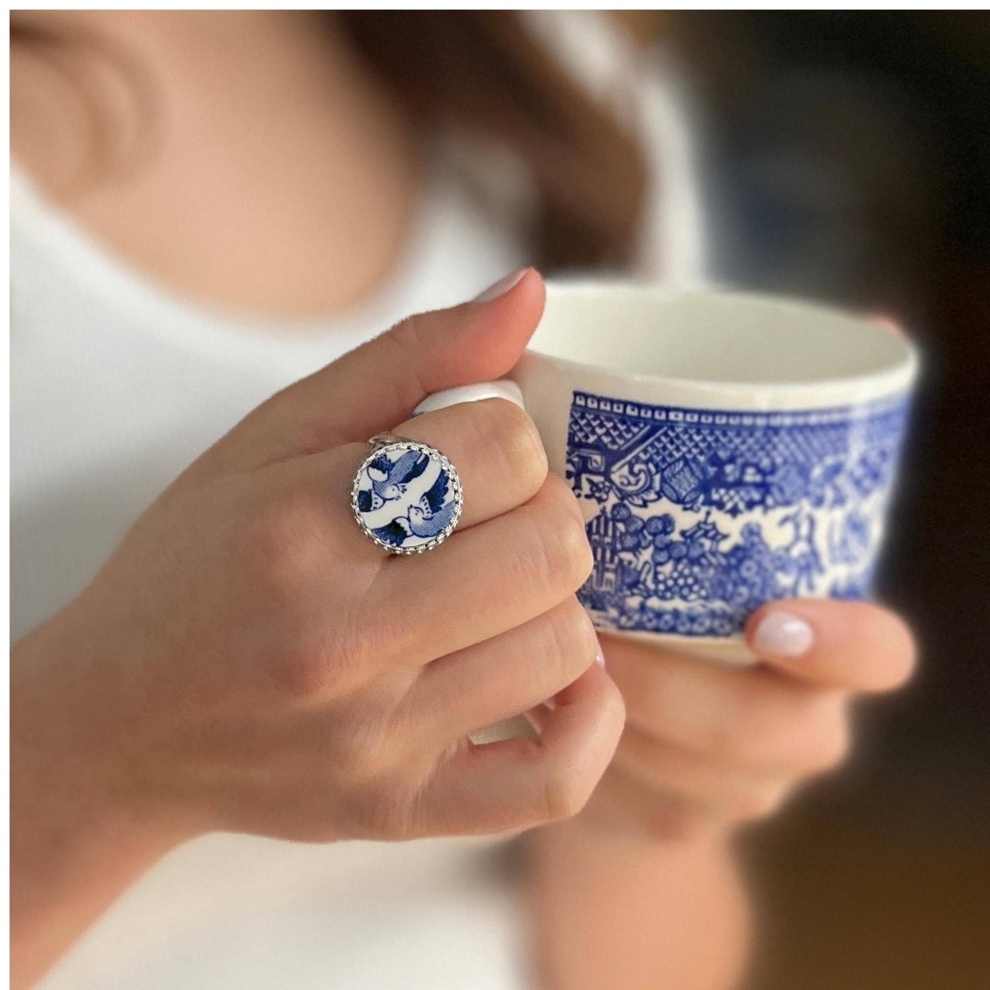 Blue Willow Love Birds, Silver Rings for Women, Broken China Jewelry, Romantic Anniversary Gift for Wife