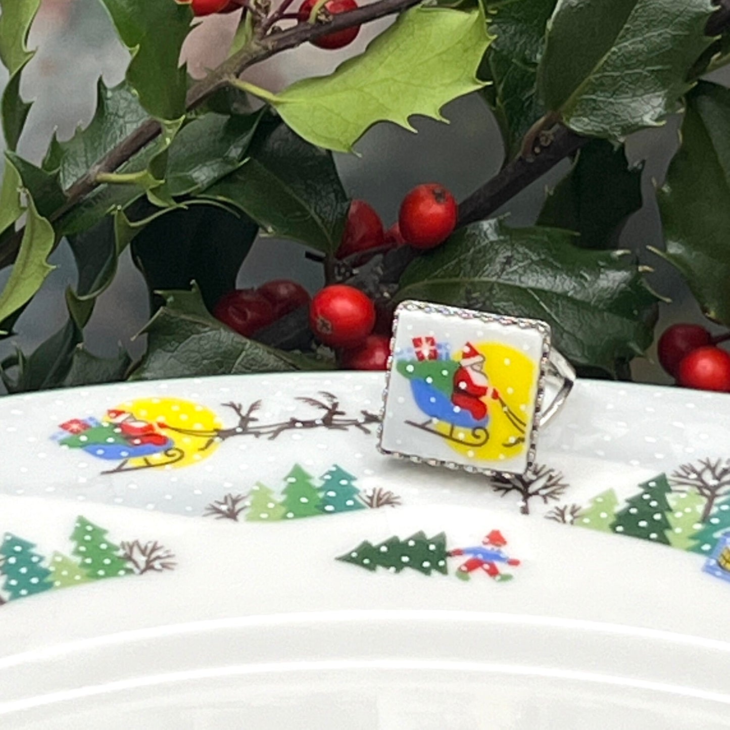 Square Santa Ring, Lenox Sleighride Christmas Ring, Broken China Jewelry, Stocking Stuffer Gifts for Her