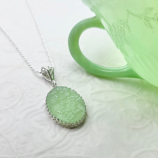 Oval Fire King Alice Jadeite Jewelry Necklace, Sterling Silver, Unique Gift for Women, Broken China Jewelry, Mid Century, Gifts for Her