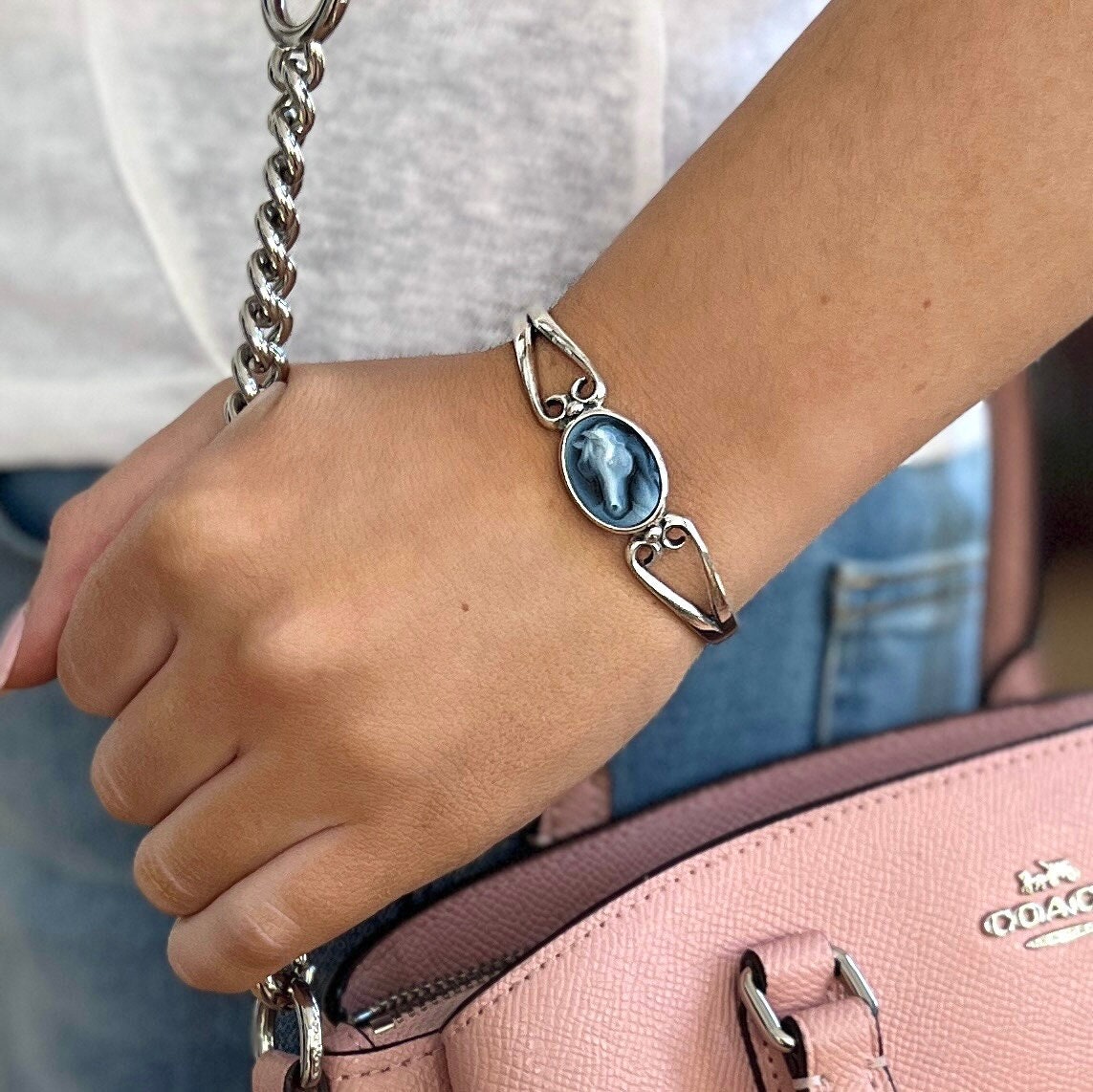 Elegant Horse Cameo Bracelet, Authentic Blue Agate Gemstone Jewelry, Sterling Silver Cuff Bracelet